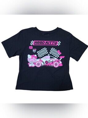 Love Tribe Black Tee with Pink & White Hello Kitty Racing Graphic